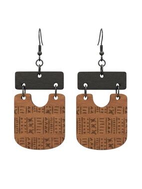 Wooden Hieroglyph Pattern Dangle Earrings in Black and Brown